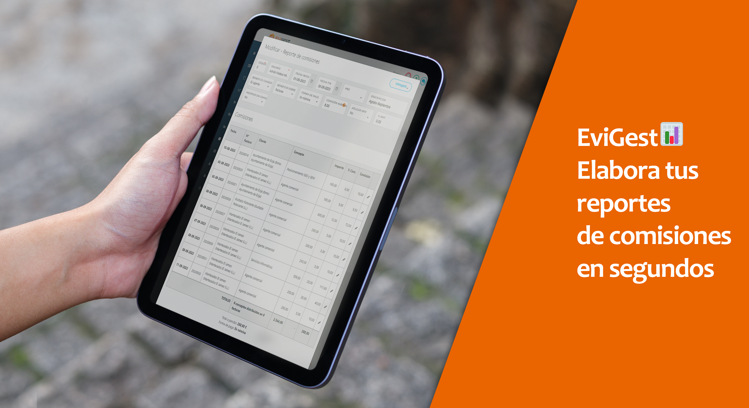 Imagen de tablet con el módulo de gestión de comisiones de EviGest como portada del artñiculo titulado: Elabora tus reportes de comisiones en segundos